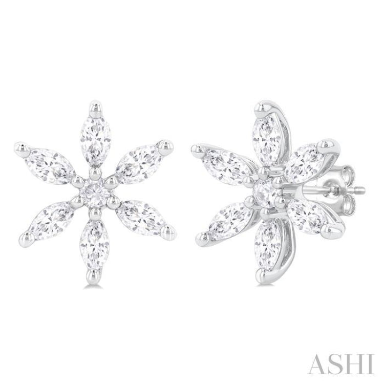 3/8 ctw Floral Motif Marquise and Round Cut Diamond Fashion Stud Earring in 14K White Gold