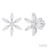3/8 ctw Floral Motif Marquise and Round Cut Diamond Fashion Stud Earring in 14K White Gold