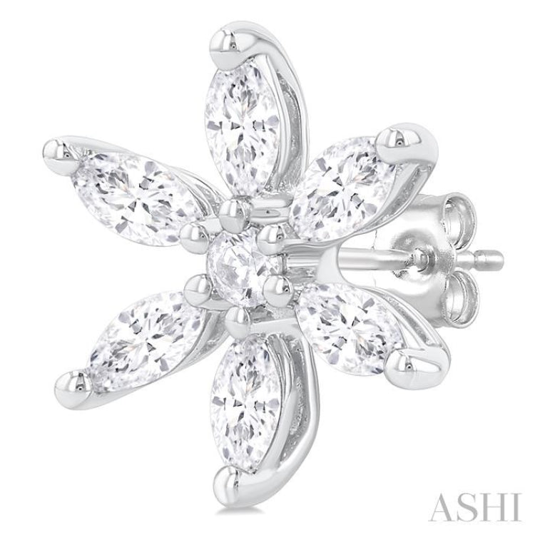 3/8 ctw Floral Motif Marquise and Round Cut Diamond Fashion Stud Earring in 14K White Gold