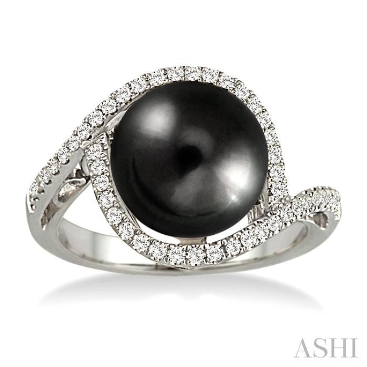 11x11mm Cultured Black Pearl and 1/3 Ctw Round Cut Diamond Ring in 14K White Gold