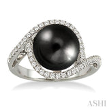 11x11mm Cultured Black Pearl and 1/3 Ctw Round Cut Diamond Ring in 14K White Gold