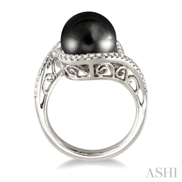 11x11mm Cultured Black Pearl and 1/3 Ctw Round Cut Diamond Ring in 14K White Gold