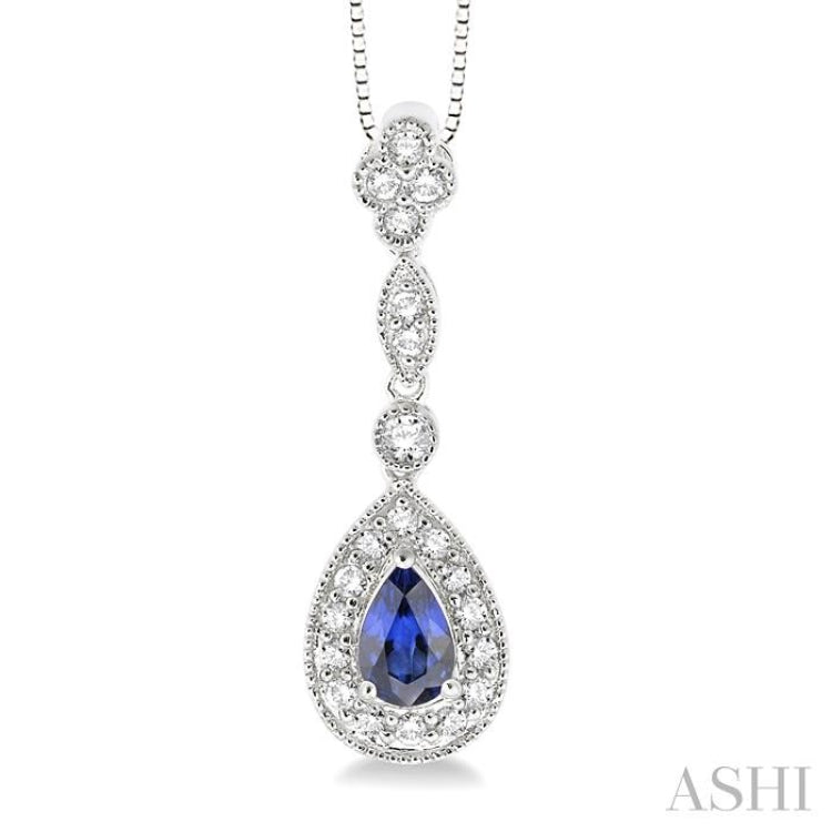 6x4 MM Pear Shape Sapphire and 1/4 ctw Round Cut Diamond Pendant in 14K White Gold with Chain