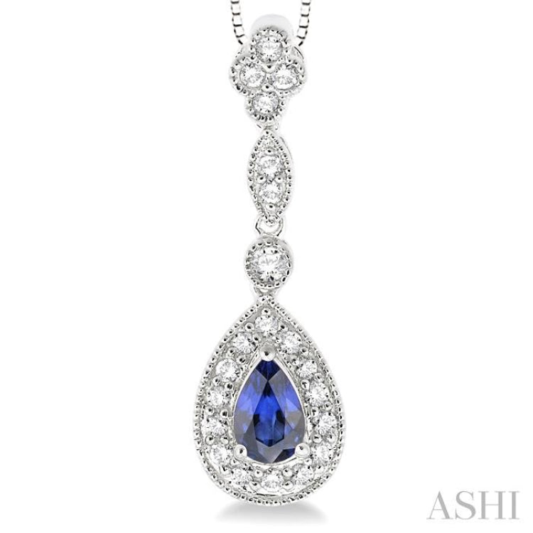 6x4 MM Pear Shape Sapphire and 1/4 ctw Round Cut Diamond Pendant in 14K White Gold with Chain