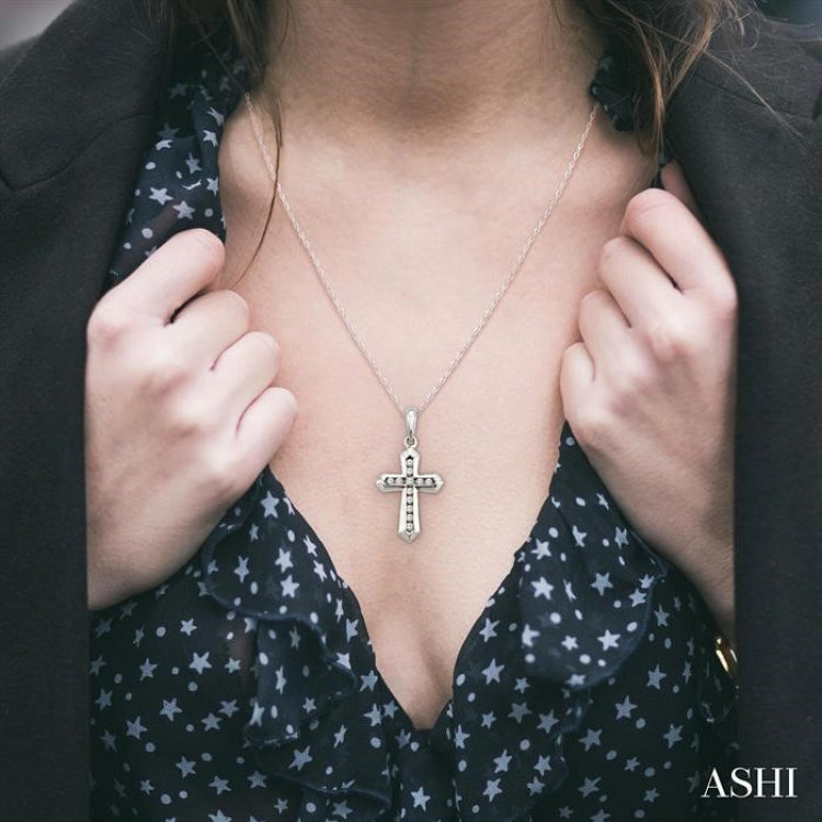1/10 ctw Round Cut Diamond Cross Pendant in 14K White Gold with Chain