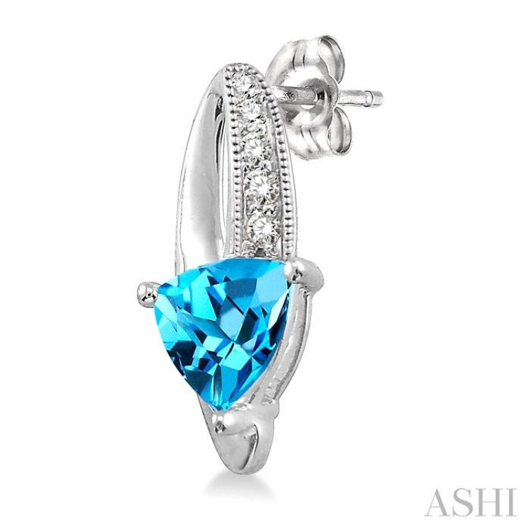 6x6 MM Trillion Cut Blue Topaz and 1/20 ctw Single Cut Diamond Earrings in 10K White Gold