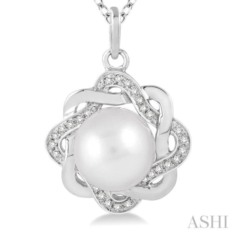 6.5x6.5 MM Cultured White Pearl and 1/10 Ctw Round Cut Diamond Pendant in Sterling Silver with Chain