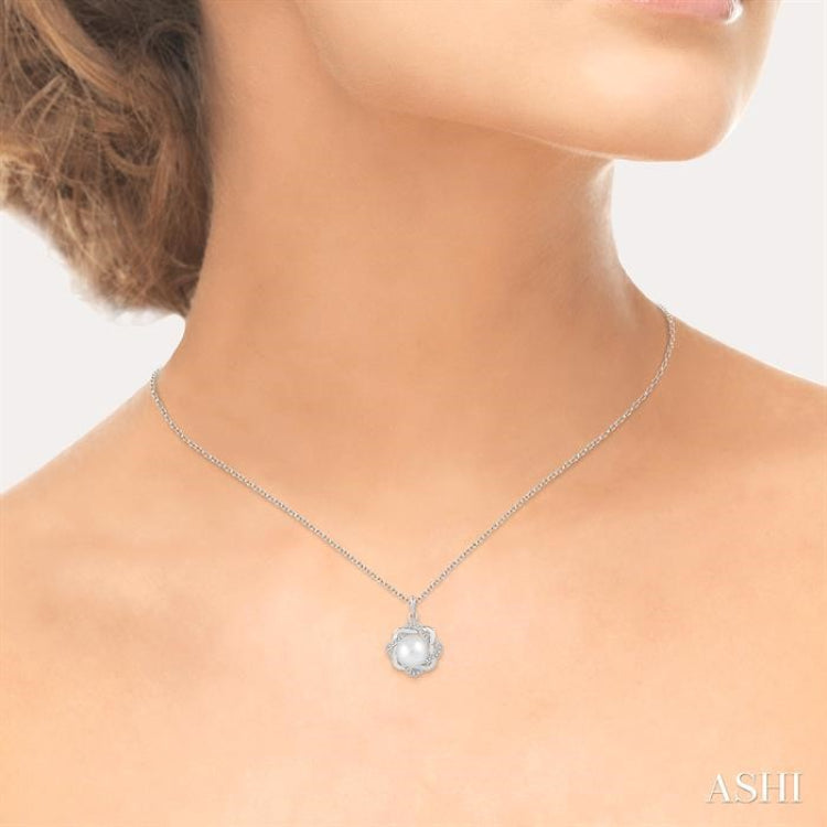 6.5x6.5 MM Cultured White Pearl and 1/10 Ctw Round Cut Diamond Pendant in Sterling Silver with Chain