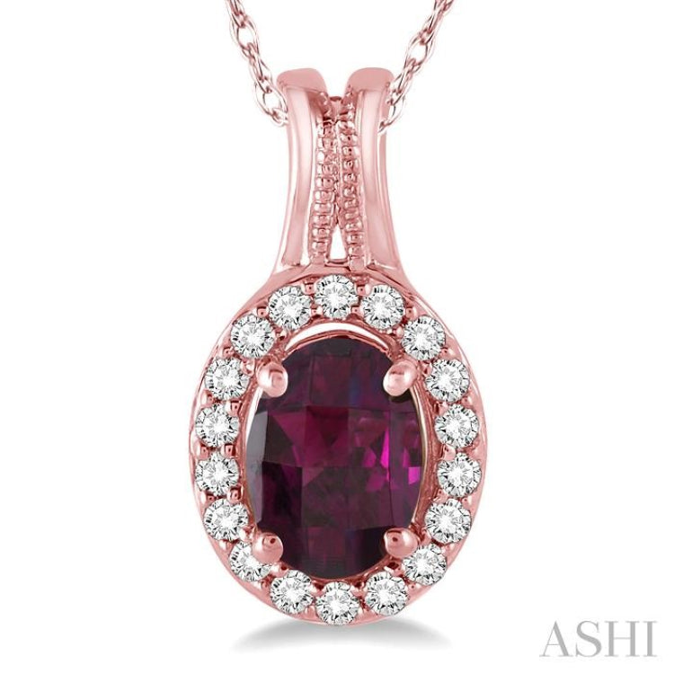 7x5 MM Oval Shape Rhodolite Garnet and 1/6 ctw Round Cut Diamond Pendant in 14K Rose Gold with Chain