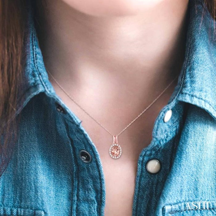 7x5 MM Oval Shape Morganite and 1/6 ctw Round Cut Diamond Pendant in 14K Rose Gold with Chain