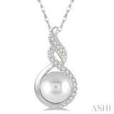 1/20 Ctw Round Cut Diamond Twisted 7mm Cultured Pearl Accented Pendant in 10K White Gold with chain