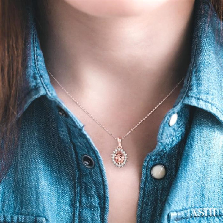 6x4 MM Oval Cut Morganite Center Sunflower and 1/8 ctw Round Cut Diamond Semi Precious Pendant in 10K Rose Gold with chain
