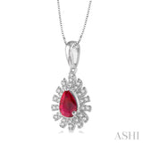 1/8 ctw Bar Accent Pear Shape 6x4mm Ruby & Round Cut Diamond Precious Pendant With Chain in 10K White Gold