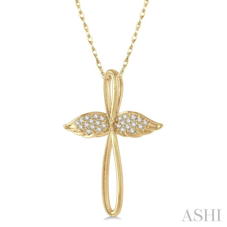 1/10 ctw Twisted Cross Angel Wings Round Cut Diamond Pendant With Chain in 10K Yellow Gold