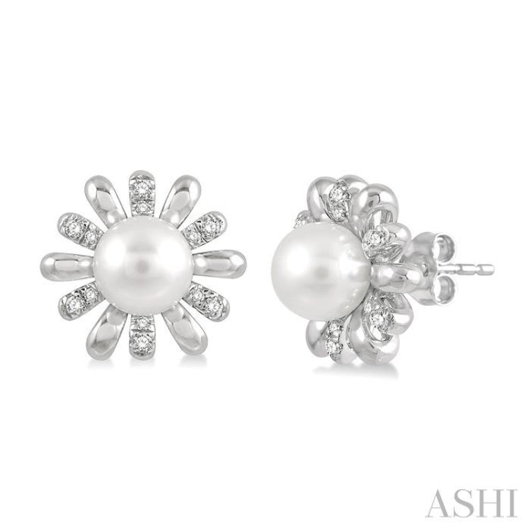 6 MM Round Shape Floral Cultured Pearls and 1/6 ctw Round Cut Diamond Earring in 10K White Gold