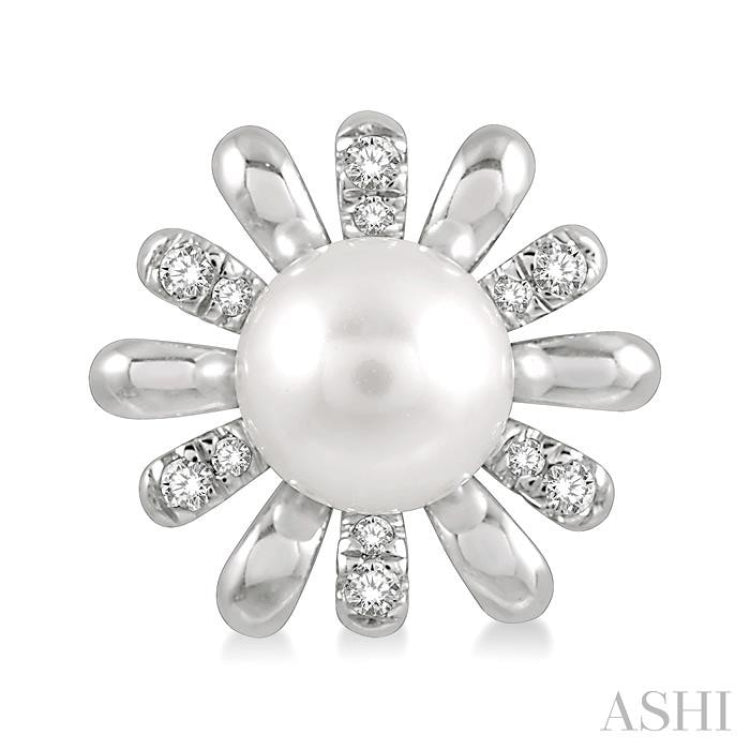 6 MM Round Shape Floral Cultured Pearls and 1/6 ctw Round Cut Diamond Earring in 10K White Gold