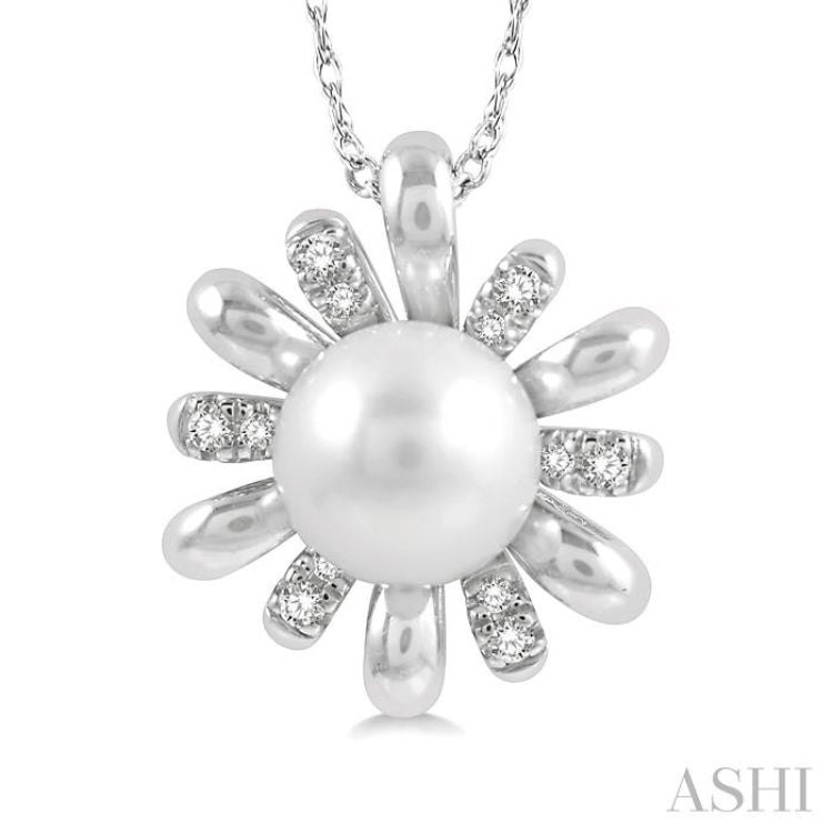 7 MM Round Shape Floral Cultured Pearl and 1/10 ctw Round Cut Diamond Pendant With Chain in 10K White Gold