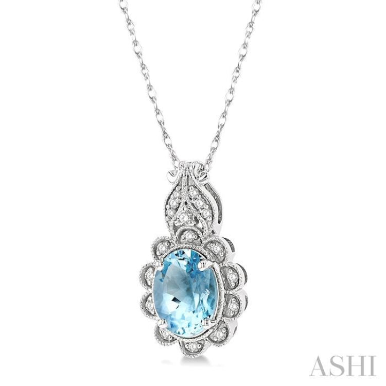 1/10 ctw Floral 8x6MM Oval Cut Aquamarine and Round Cut Diamond Semi Precious Pendant With Chain in 10K White Gold