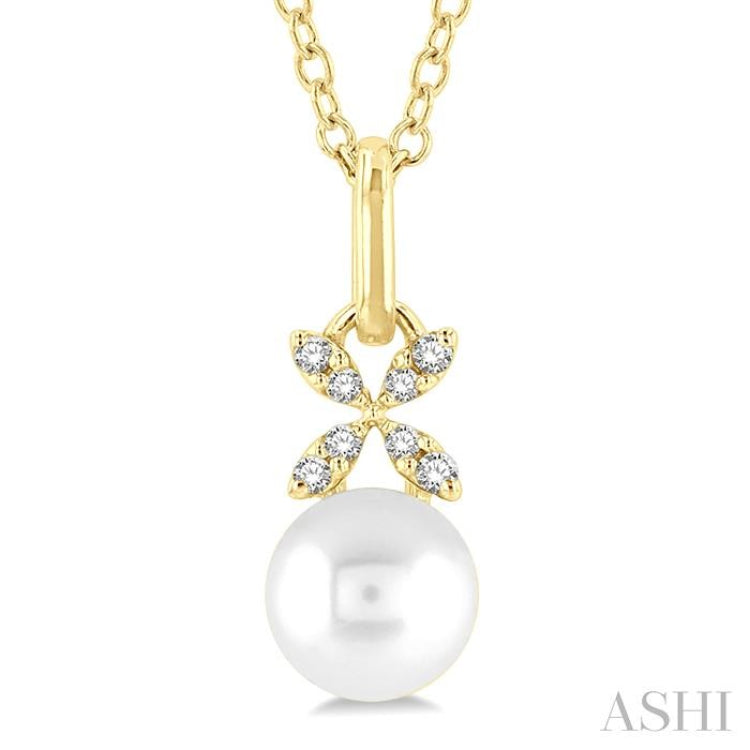 6 MM Round Shape Cultured Pearl and 1/50 ctw Petite Floral Round Cut Diamond Fashion Pendant With Chain in 10K Yellow Gold
