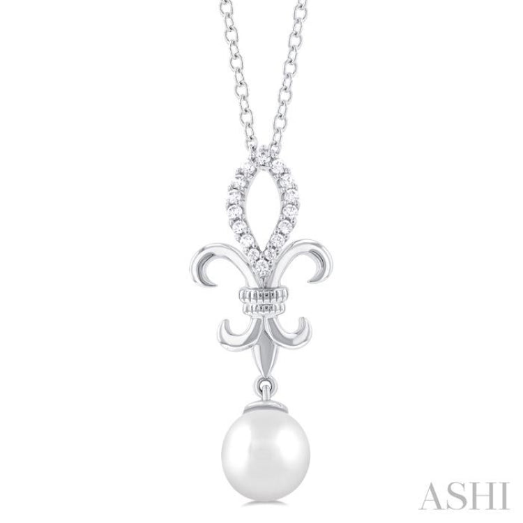 7 MM Round ShapeCultured Pearl and 1/10 ctw Fleur De Lis Round Cut Diamond Pendant With Chain in 10K White Gold