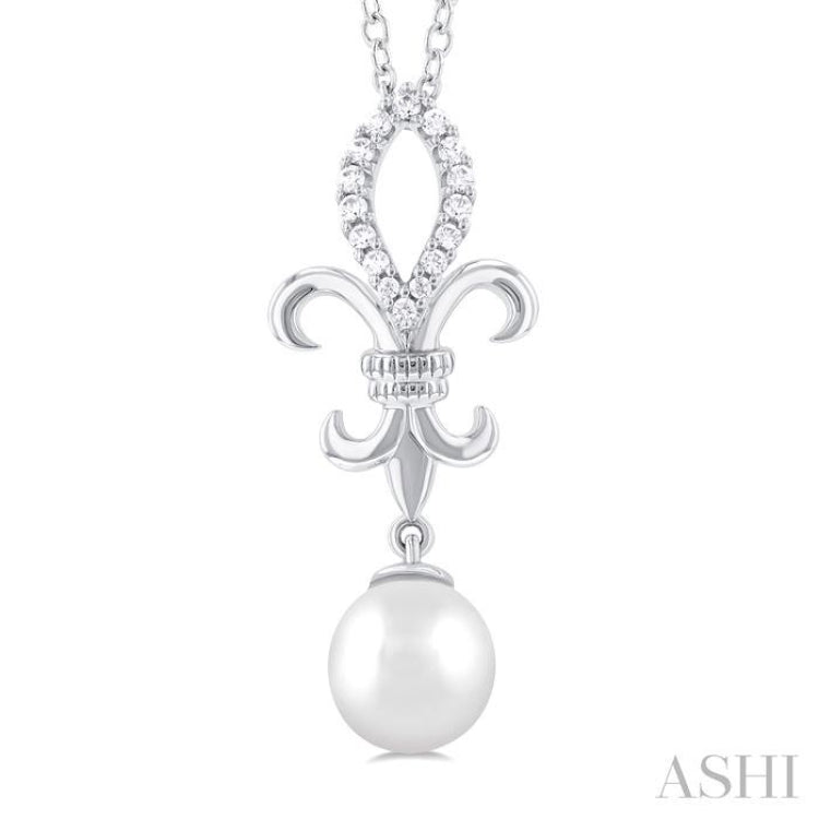 7 MM Round ShapeCultured Pearl and 1/10 ctw Fleur De Lis Round Cut Diamond Pendant With Chain in 10K White Gold