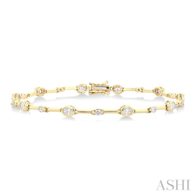 1 1/3 ctw Bezel Set Oval and Round Cut Diamond Bar Link Bracelet in 14K Yellow Gold
