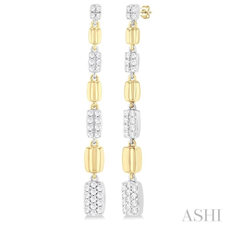 1/2 ctw Two-Toned Puffed Rectangular Link Round Cut Diamond Fashion Long Earring in 14K Yellow and White Gold