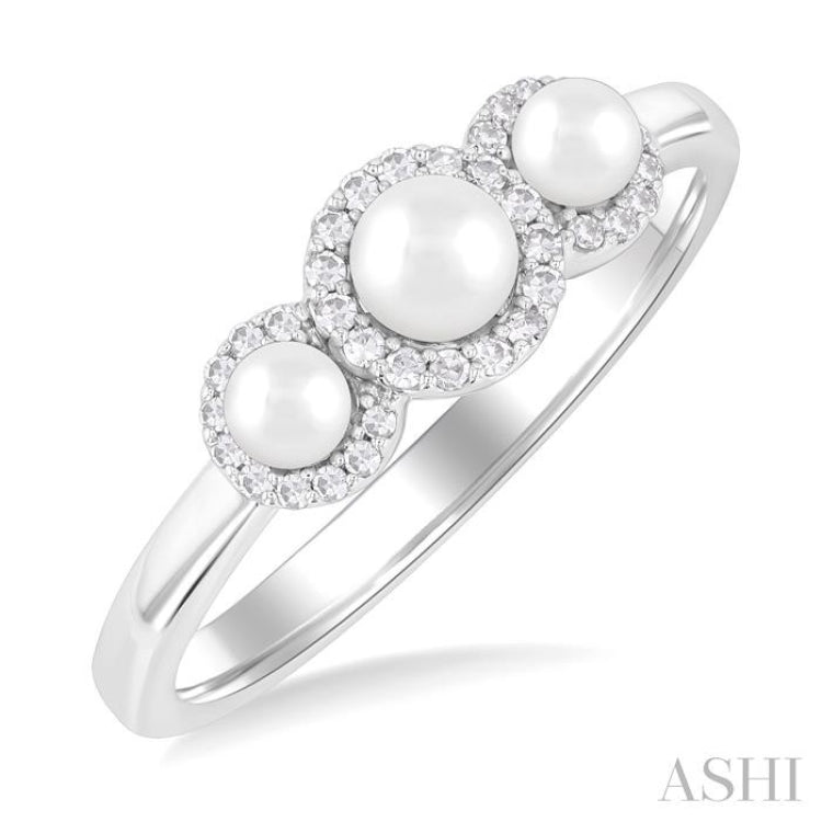 4 MM & 3 MM Cultured Pearl and 1/8 ctw Past, Present & Future Round Cut Diamond Halo Ring in 10K White Gold