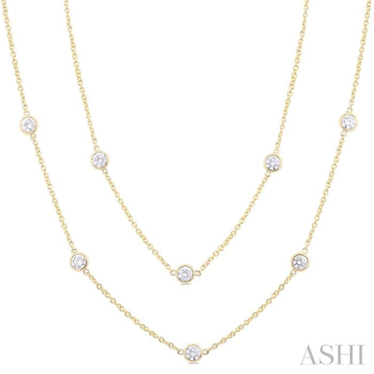 3 Ctw Bezel Set Round Cut Diamond Station Long Necklace in 14K Yellow Gold