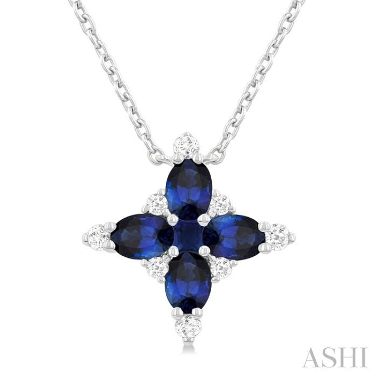 4x3 MM Oval Cut & 2 MM Princess Cut Sapphire and 1/10 ctw Round Cut Diamond Floral Design Pendant With Chain in 14K White Gold