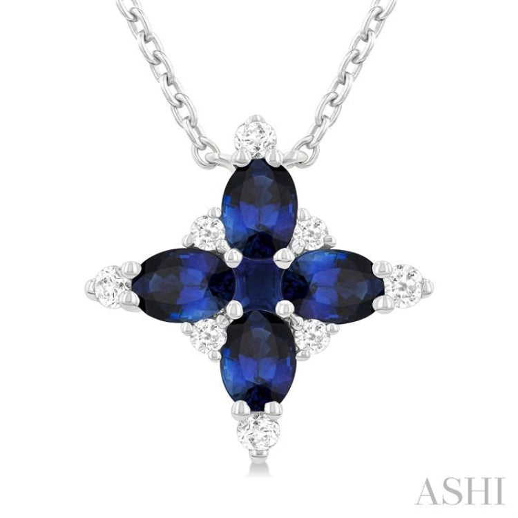 4x3 MM Oval Cut & 2 MM Princess Cut Sapphire and 1/10 ctw Round Cut Diamond Floral Design Pendant With Chain in 14K White Gold