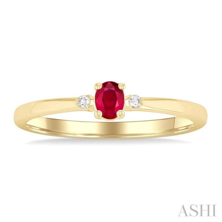 4x3 MM Oval Shape Ruby and 1/50 Ctw Petite Round Cut Diamond Fashion Ring in 10K Yellow Gold