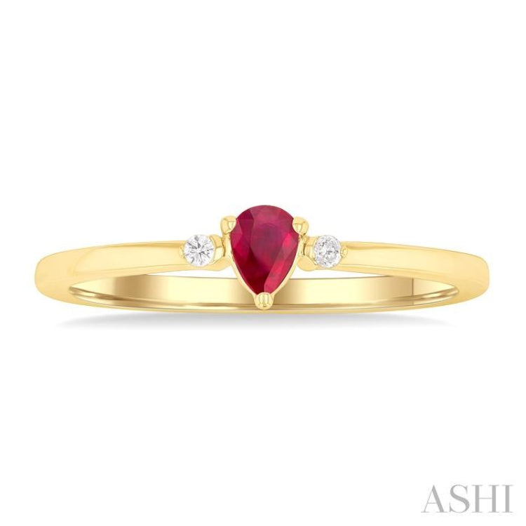 4x3 MM Pear Shape Ruby and 1/50 Ctw Petite Round Cut Diamond Fashion Ring in 10K Yellow Gold