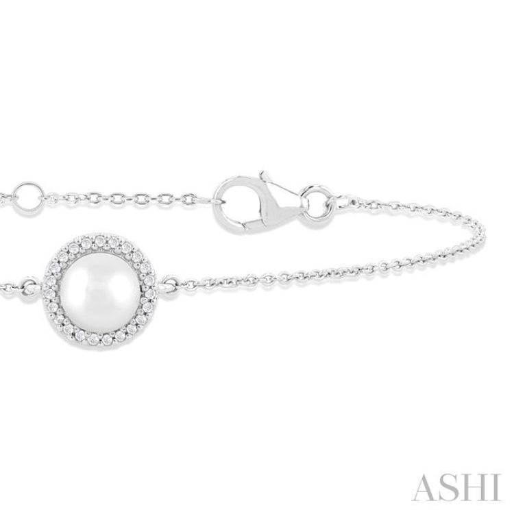 6 MM Round shape Round Shape Cultured Pearl and 1/20 ctw Round Cut Diamond Petite Halo Bracelet in 10K White Gold