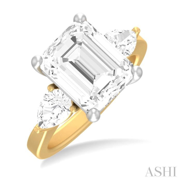 1 ctw Tri-Mount Emerald Shape Center Pear and Round Cut Diamond Semi Mount Engagement Ring in 14K Yellow and White Gold
