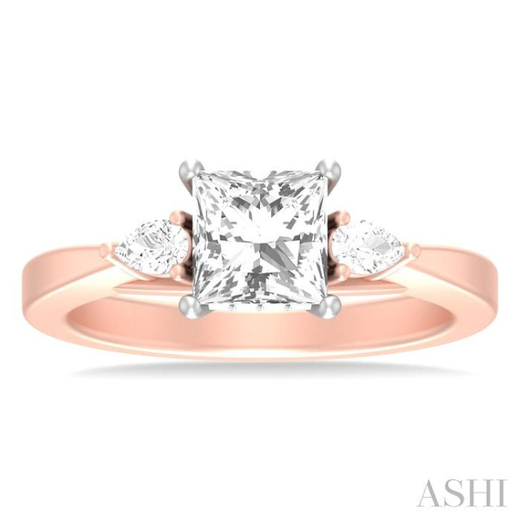 1/4 ctw Tri-Mount Princess Shape Center Pear and Round Cut Diamond Semi Mount Engagement Ring in 14K Rose and White Gold