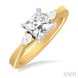 1/4 ctw Tri-Mount Princess Shape Center Pear and Round Cut Diamond Semi Mount Engagement Ring in 14K Yellow and White Gold