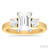 1/2 ctw Tri-Mount Emerald Shape Center Round Cut Diamond Semi Mount Engagement Ring in 14K Yellow and White Gold