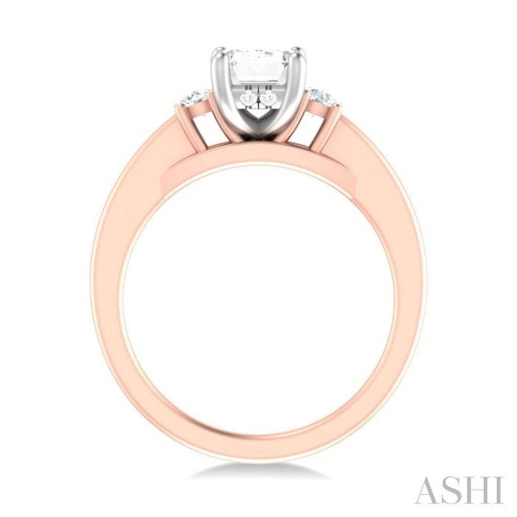 1/4 ctw Tri-Mount Emerald Shape Center Round Cut Diamond Semi Mount Engagement Ring in 14K Rose and White Gold