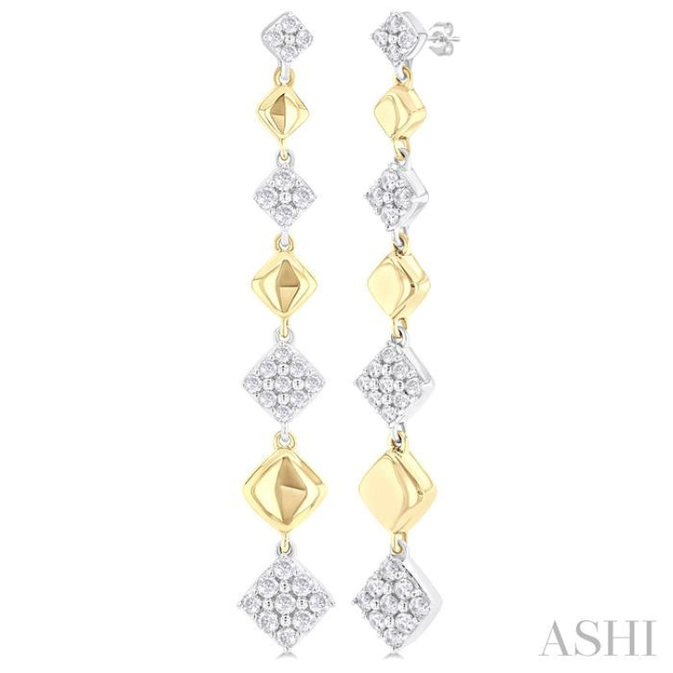 1/2 ctw Two-Toned Puffed Cushion-Shaped Link Round Cut Diamond Fashion Long Earring in 14K Yellow and White Gold