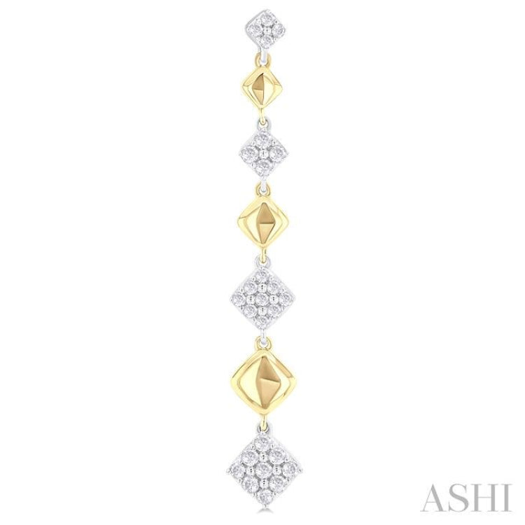 1/2 ctw Two-Toned Puffed Cushion-Shaped Link Round Cut Diamond Fashion Long Earring in 14K Yellow and White Gold