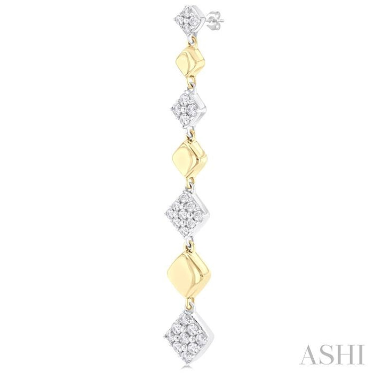 1/2 ctw Two-Toned Puffed Cushion-Shaped Link Round Cut Diamond Fashion Long Earring in 14K Yellow and White Gold