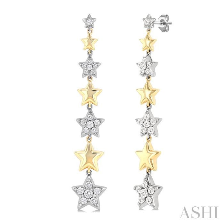 1/2 ctw Two-Toned Puffed Star Link Round Cut Diamond Fashion Long Earring in 14K Yellow and White Gold