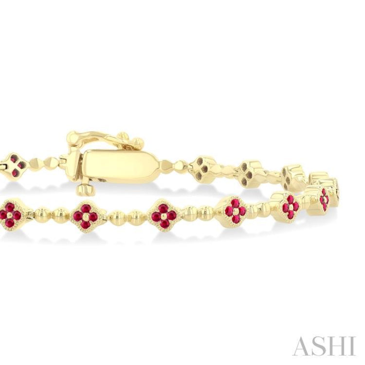 1 MM Round Cut Ruby Clover and Bead Ball Link Precious Tennis Bracelet in 14K Yellow Gold