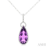 22X10 MM Pear Cut Amethyst and 1/3 ctw Round Cut Diamond Halo Semi Precious Pendant With Chain in 14K White Gold