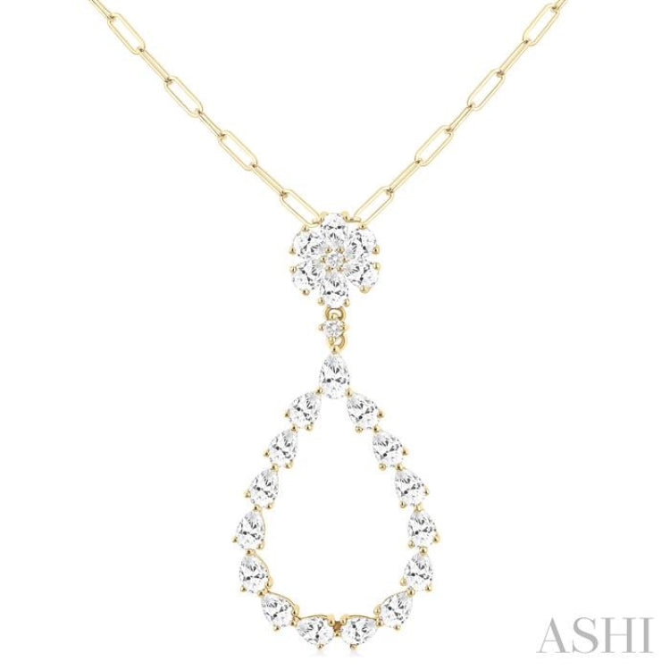 1 7/8 ctw Floral Open Window Pear and Round Cut Diamond Dangle Fashion Pendant With Chain in 14K Yellow Gold