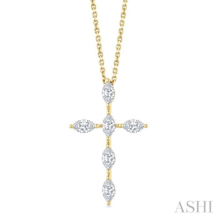3/4 Ctw Cross 6-Stone Marquise Cut Diamond Fashion Pendant With Chain in 14K Yellow Gold