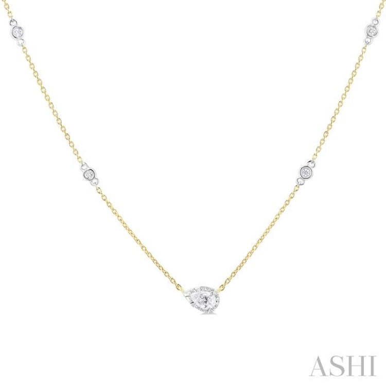 1/4 ctw Bezel Set Pear and Round Cut Diamond Station Necklace in 14K Yellow and White Gold