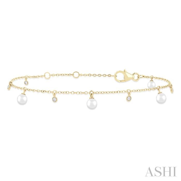 3 MM Round Shape Cultured Pearl and 1/20 Ctw Round Cut Diamond Station Bracelet in 14K Yellow Gold