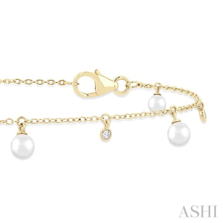 3 MM Round Shape Cultured Pearl and 1/20 Ctw Round Cut Diamond Station Bracelet in 14K Yellow Gold